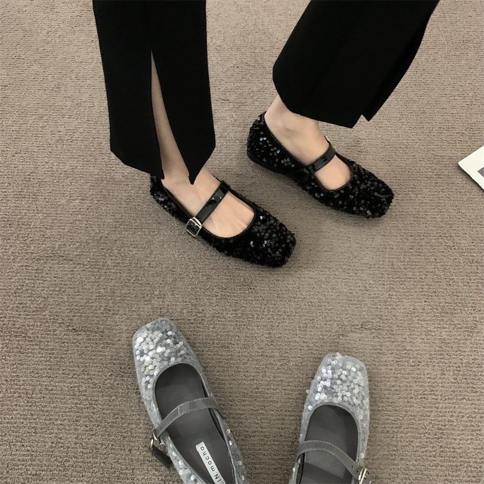 法式高级感亮片单鞋女鞋子2024新款秋冬百搭玛丽珍毛毛尖头平底鞋