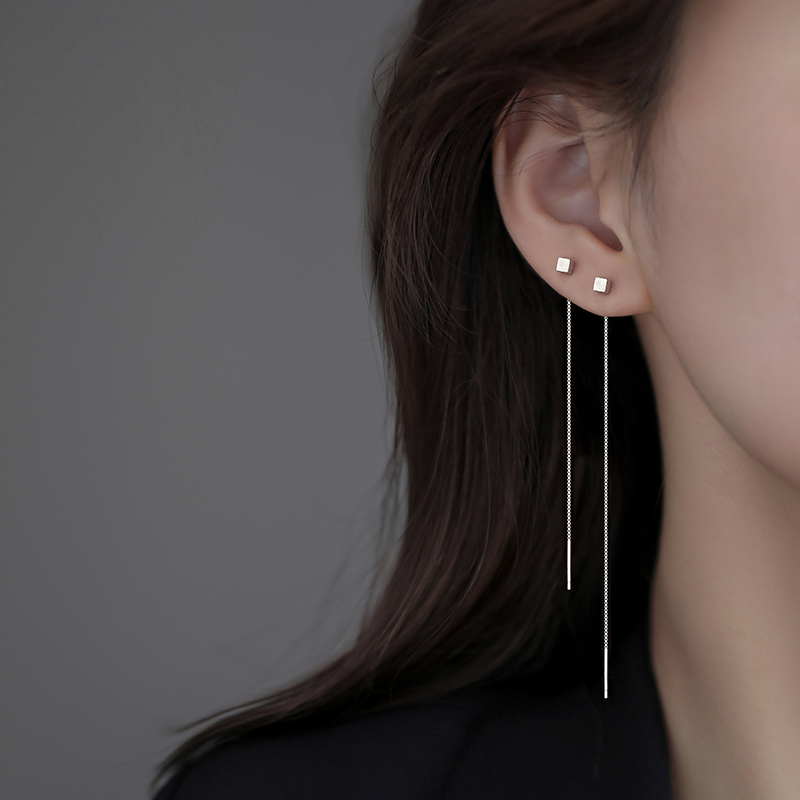 925银耳饰 925纯银方块耳线女轻奢气质长款耳环小众ins时尚冷淡风