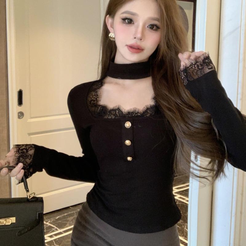 蕾丝拼接挂脖超显身材的上衣辣妹性感短款长袖t恤打底衫女秋冬季