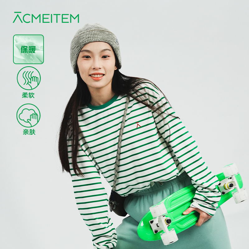  ACMEITEM爱棵米户外磨毛条纹长袖T恤圆领套头抓绒长袖T恤男女