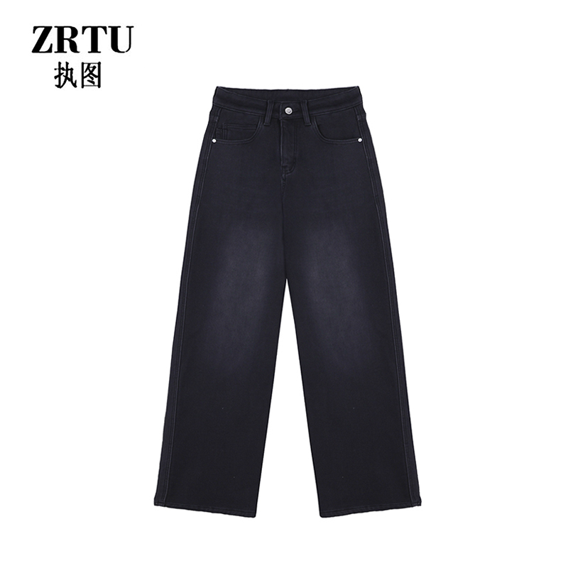 ZRTU/执图(自播）冬季新款复古休闲百搭高腰直筒加绒牛仔裤女孩