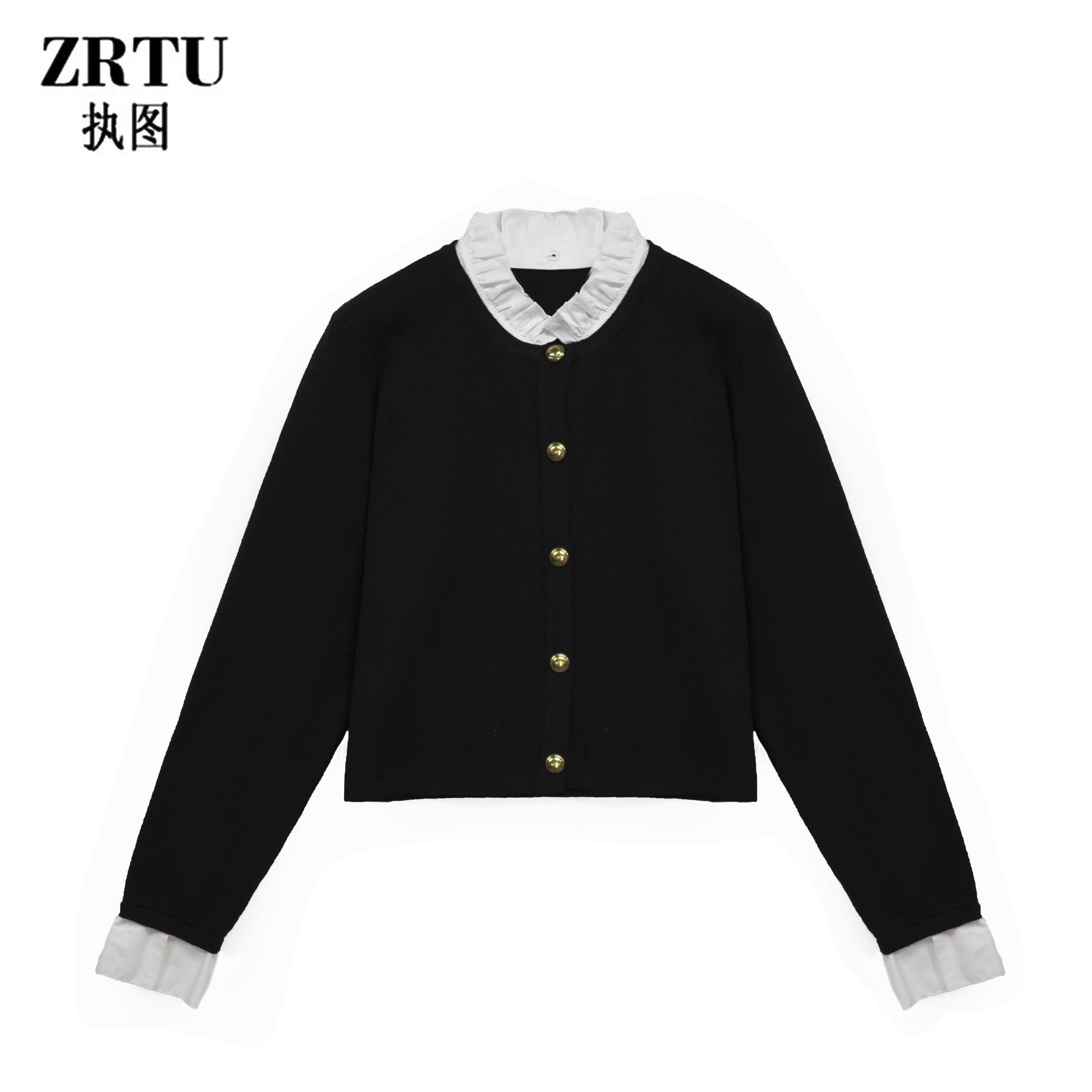 ZRTU执图（自播）新款长袖针织衫短款假两件花边领系扣开衫毛衣