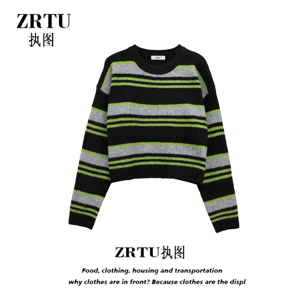 ZRTU/执图2025新款秋冬复古小众百搭条纹撞色套头毛衣