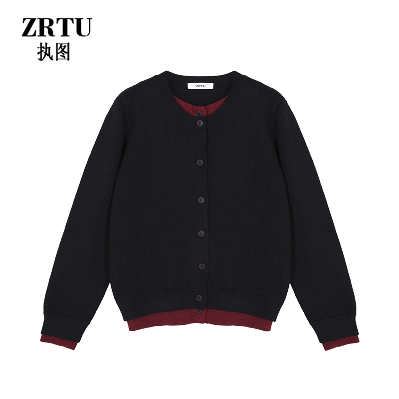 ZRTU/执图2025冬季新款圆领长袖针织开衫拼色假两件毛衣