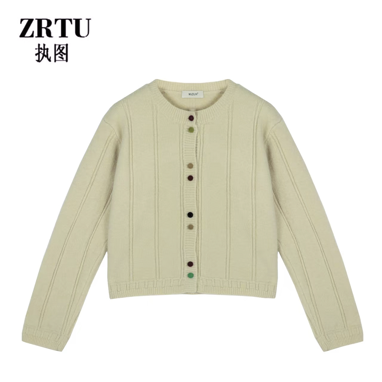 ZRTU执图（自播）2025秋冬休闲软糯慵懒风彩色扣竖条圆领毛针织开衫