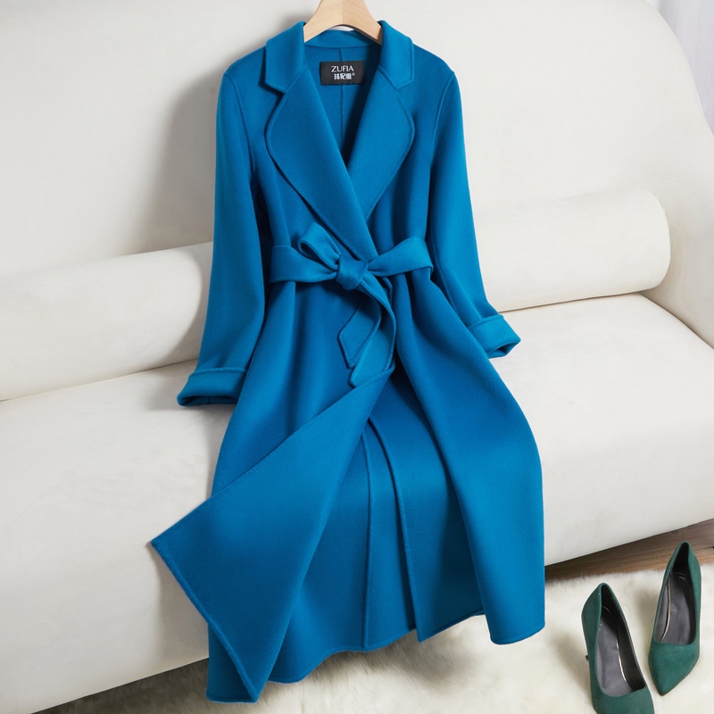 蓝色双面羊绒大衣女长款过膝2024新款西装领修身气质羊毛呢子外套