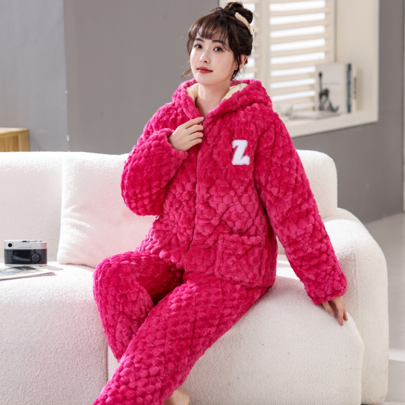 睡衣女冬季法兰绒三层夹棉加厚加绒珊瑚绒棉袄新款拉链家居服套装