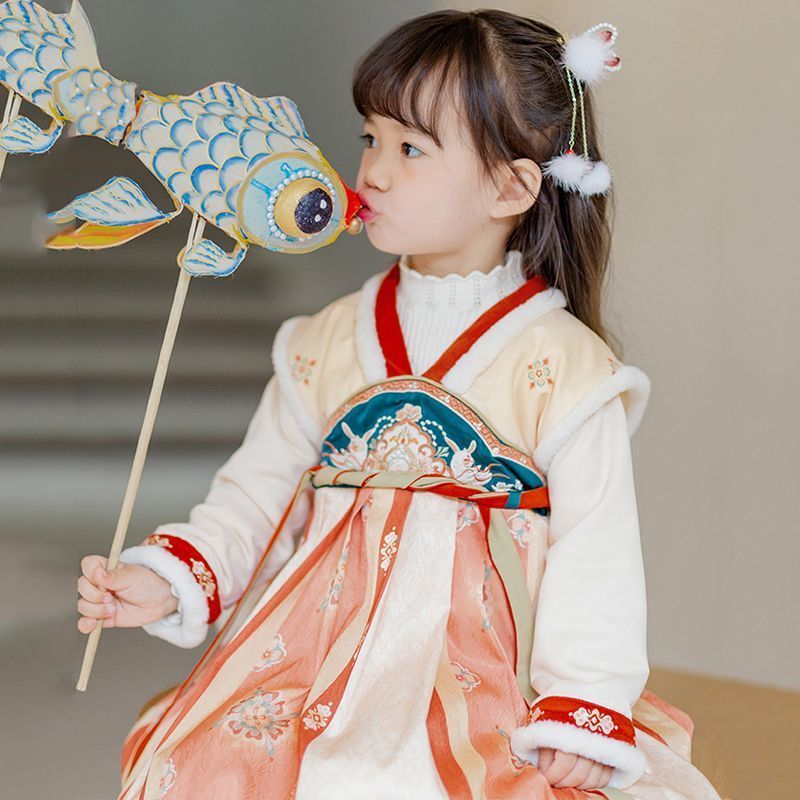 儿童汉服秋冬款加绒套装加厚拜年服冬天中国风女童公主裙古风唐装