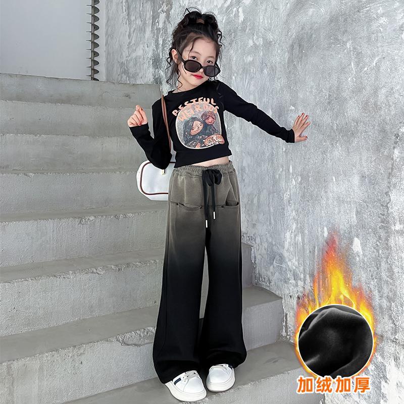 女童加绒裤子2023新款儿童秋冬款一体绒阔腿裤中大童洋气休闲卫裤