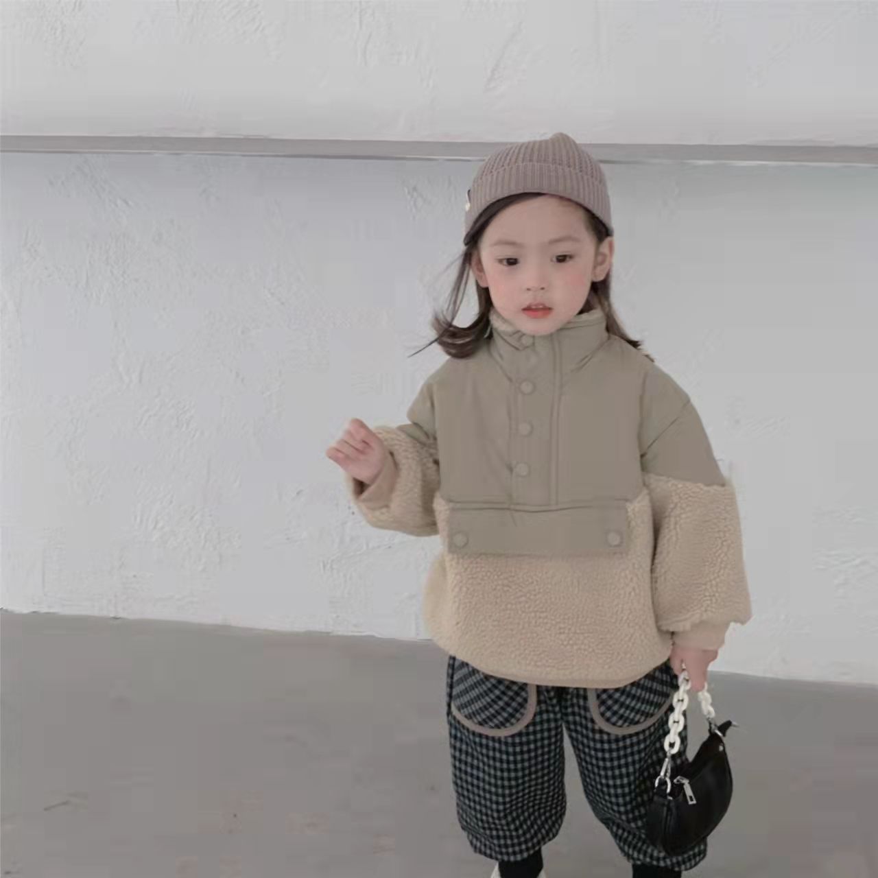 韩国冬款儿童棉衣男女宝宝宽松拼接羊羔毛加绒卫衣中小童加厚外套