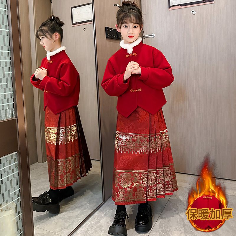 唐装汉服女童冬季高端国风古装加绒织金马面裙过年儿童拜年服套装