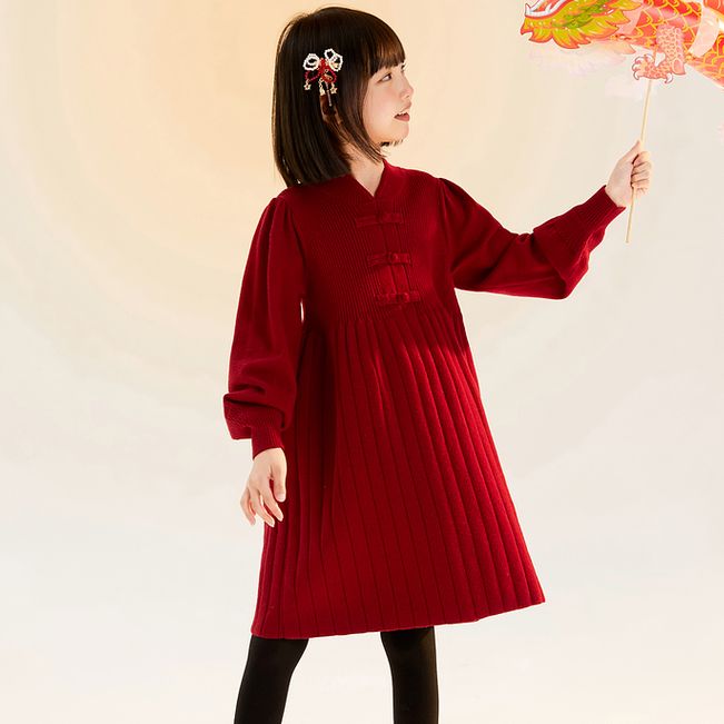 女童红色针织连衣裙古风新中式盘扣新款拜年儿童洋气公主裙子童装