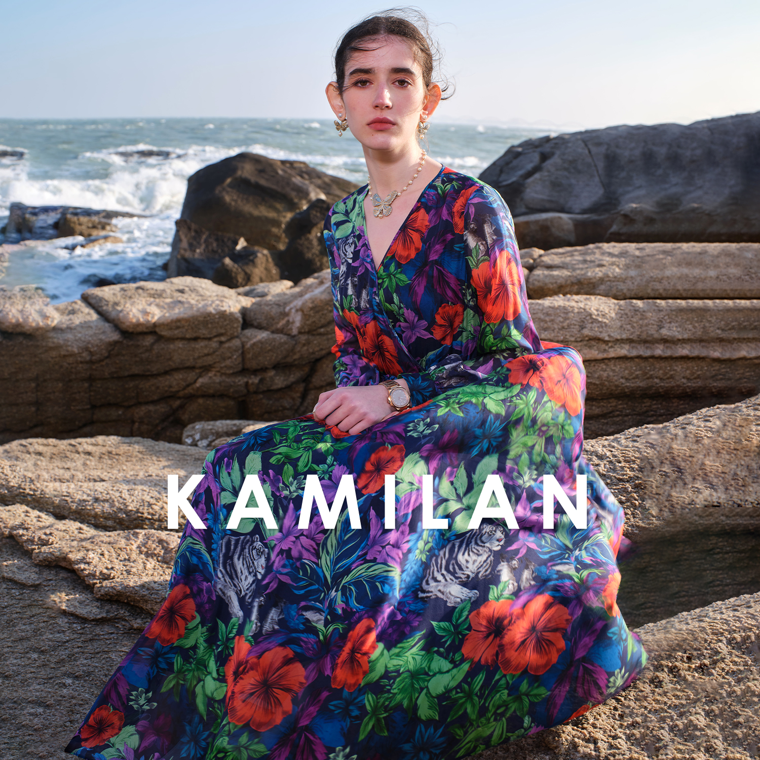 [100桑蚕丝]卡米兰气质印花真丝连衣裙女2024春夏新款度假中长裙