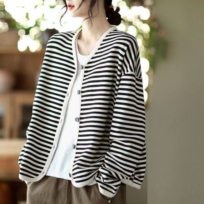 V领开衫气质条纹织带单排扣高端女装针织修身长袖短外套开衫上衣
