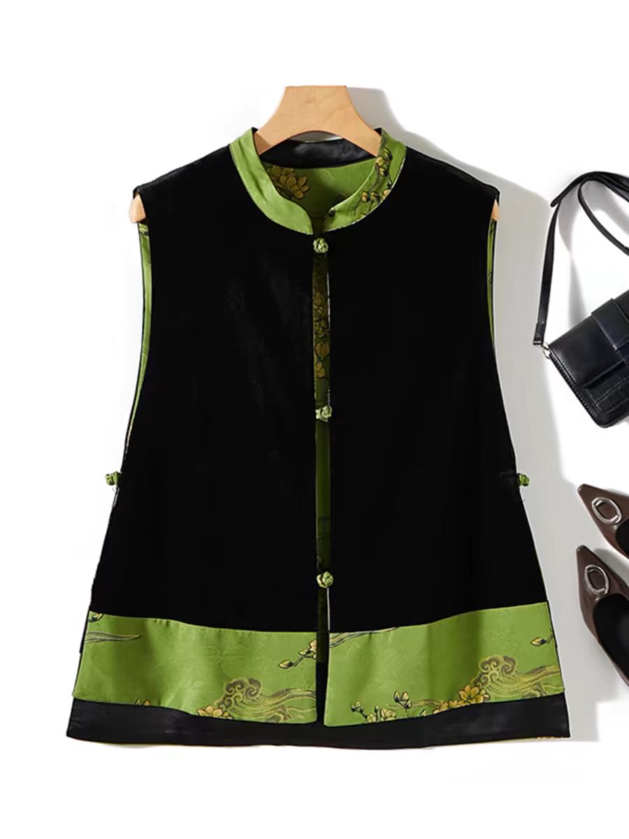 复古风新中式双面穿丝绒拼接马甲女2024春季新款立领盘扣马甲背心
