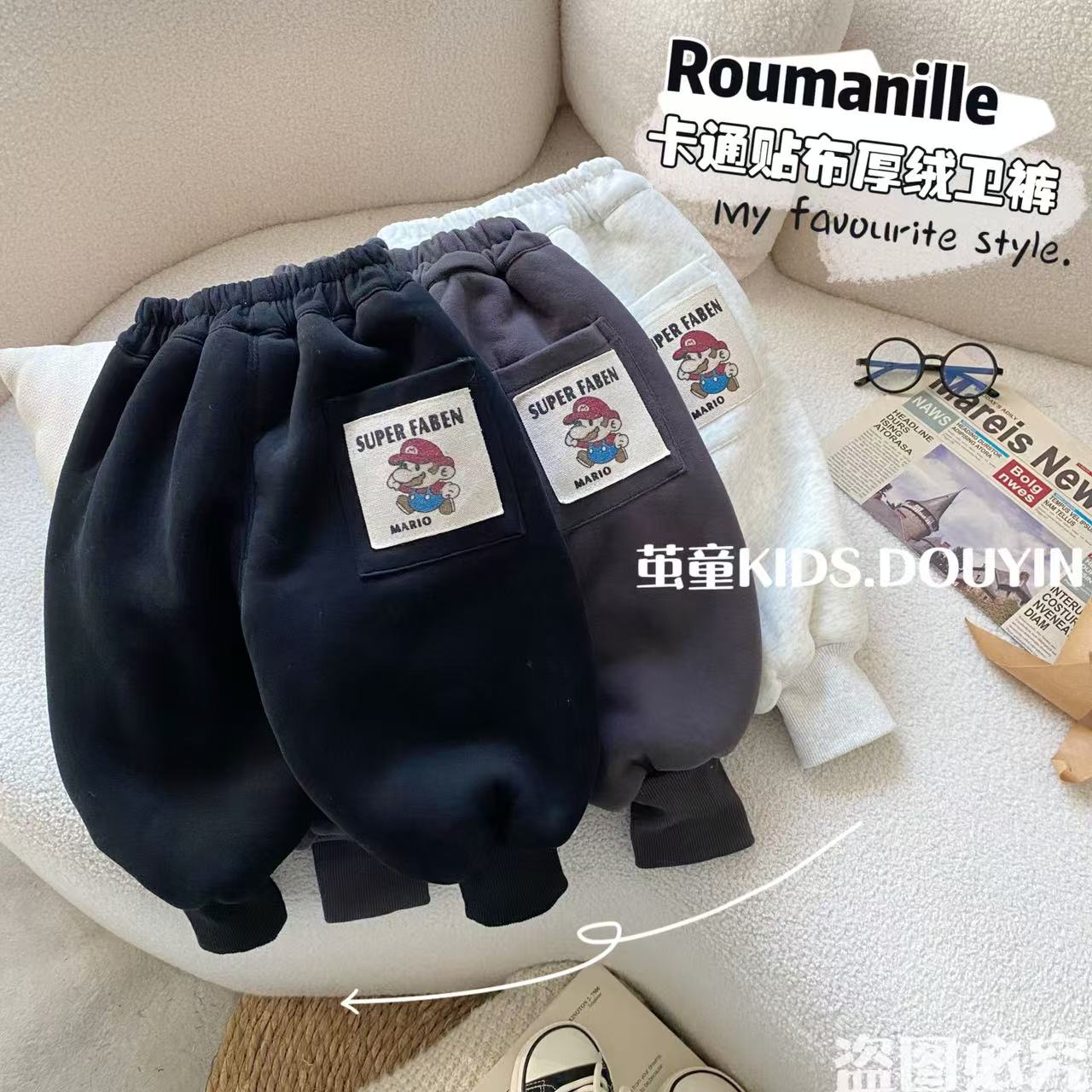 【麦麦妈】D389冬季小童卡通贴布厚绒卫裤冬季新品男女宝宝休闲百搭