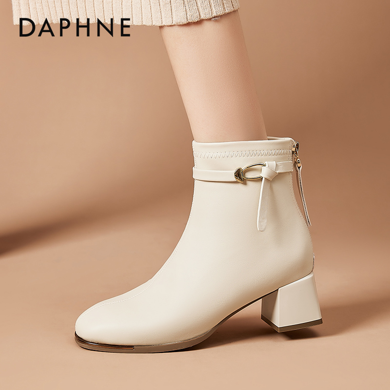 达芙妮高跟切尔西短靴圆头粗跟2025新款秋冬百搭中跟后拉链瘦瘦靴