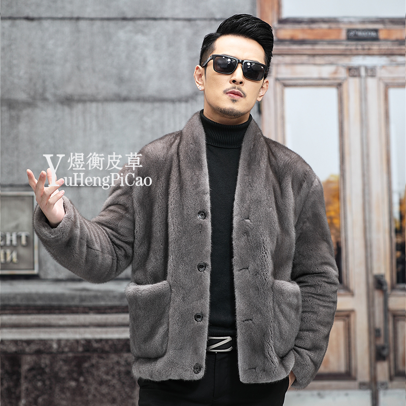 貂皮大衣A076男水貂冬季男士外套道袍款休闲时尚扣款高级男装宽松