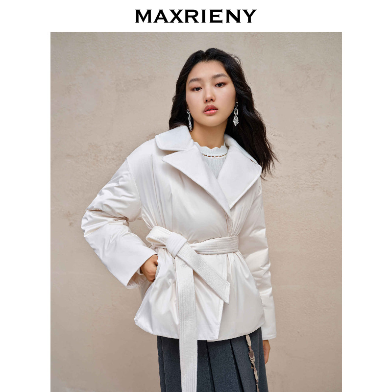 MAXRIENY极简翻领羽绒服廓形绑带收腰棉服外套