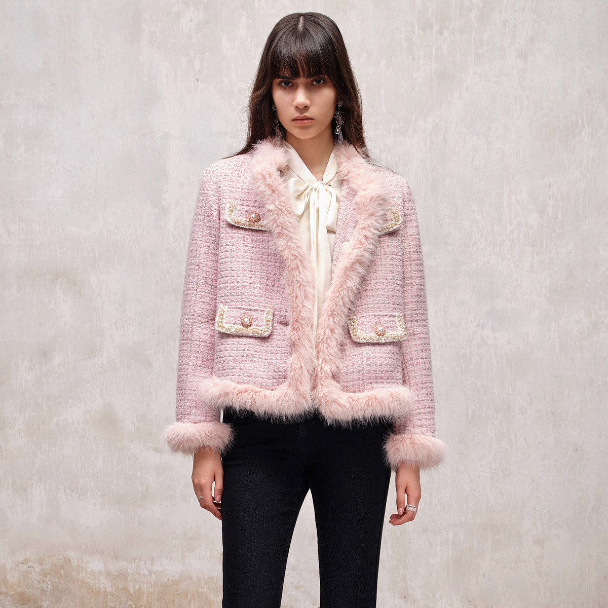 MAXRIENY千金名媛小香风粉花纱毛毛饰边羽绒服外套