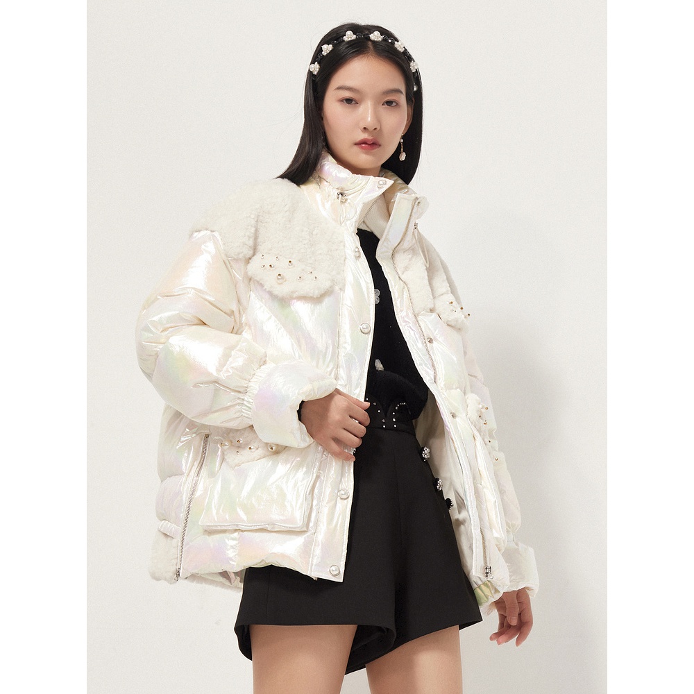 MAXRIENY丨亮面外套冬季新款毛绒拼接加厚泡芙羽绒服女时尚女装