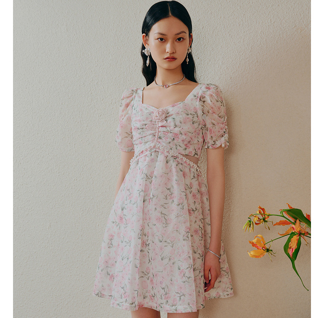MAXRIENY假日玫瑰裙春日仙美茶歇裙玫瑰碎花连衣裙夏