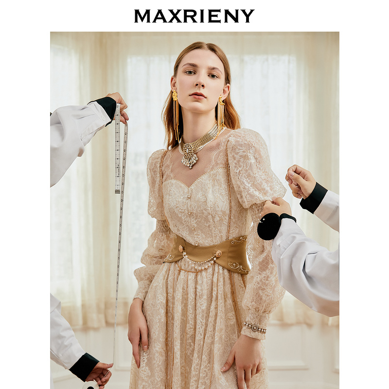 MAXRIENY重工蕾丝法式长裙女秋季长袖提花连衣裙宫廷浮裙气质优雅