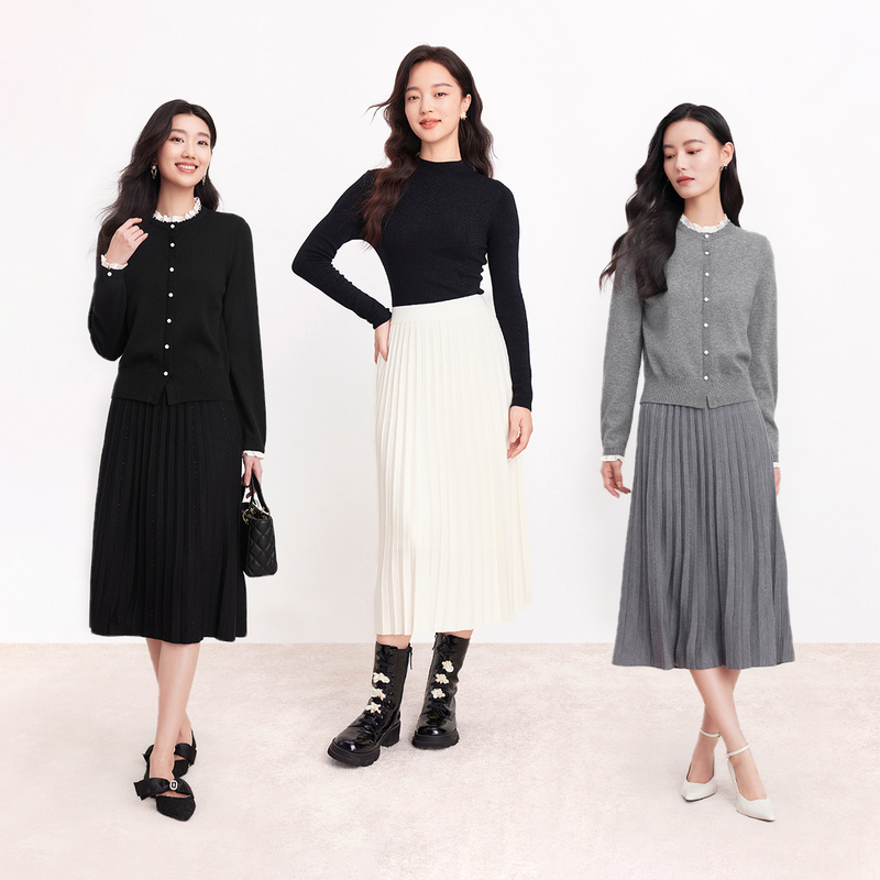 珂莱蒂尔 欧若智性风百搭显瘦优雅百褶针织半裙KW03491