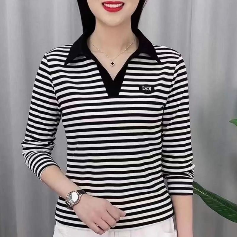 秋季新款长袖T恤女大码翻领显瘦条纹休闲女士百搭洋气春秋打底衫