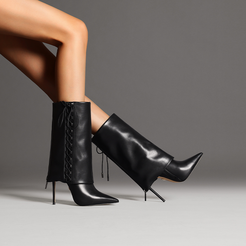 法贝妃时尚设计感高级小众轻奢细跟尖头侧边系带黑色女短靴X1916