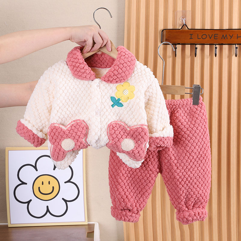 女宝宝秋冬季法兰绒睡衣两件套加绒新款婴儿童加厚女童家居服套aj