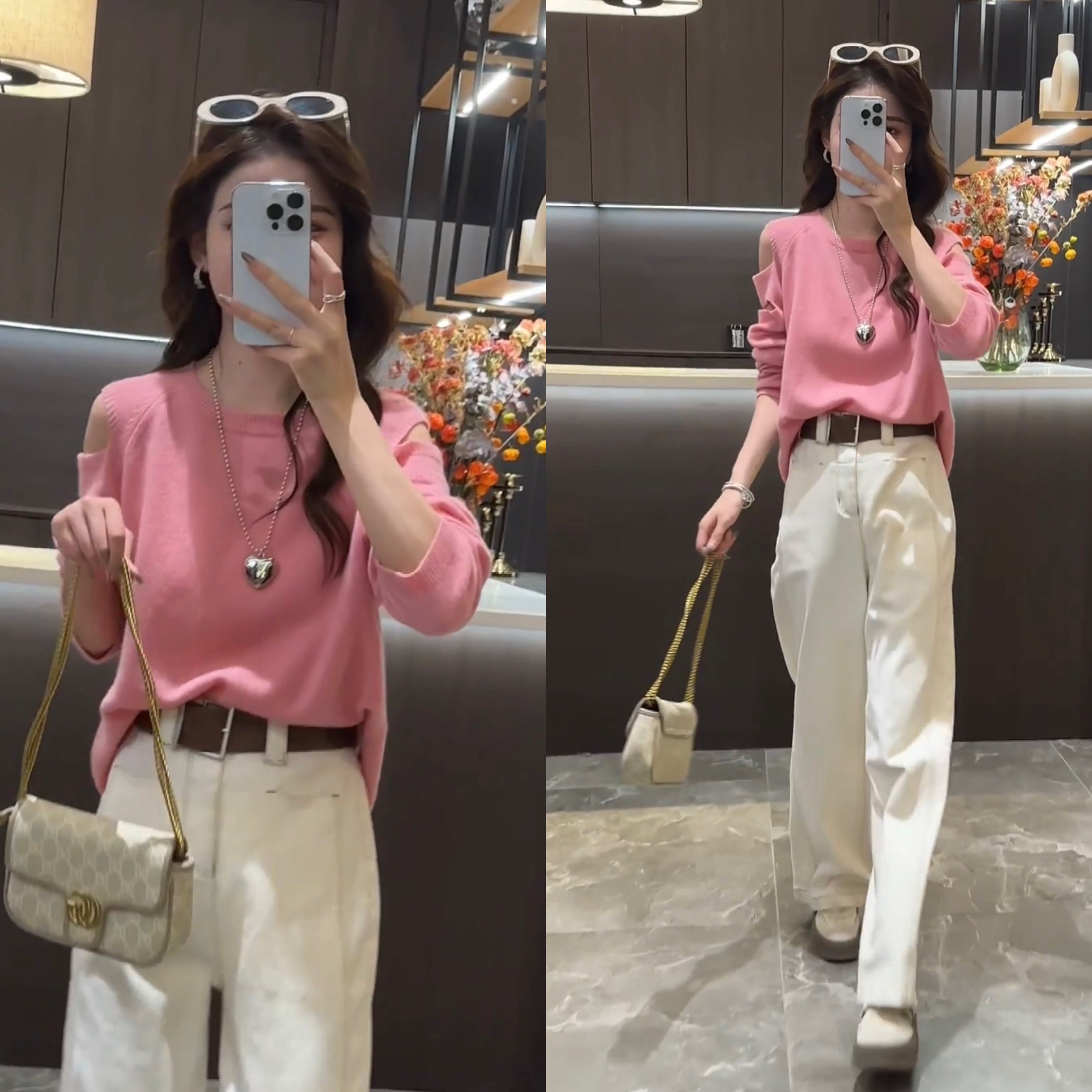 【山茶花之恋】2024新款露肩设计款圆领针织衫上衣+显瘦牛仔裤套装