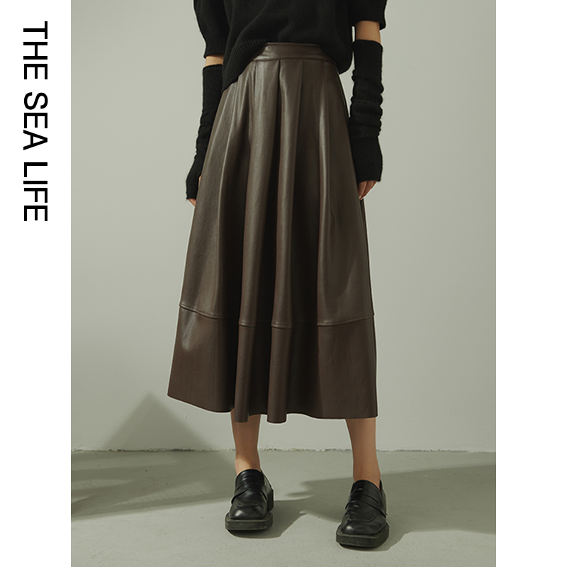 欧海一生秋季新款高腰皮质半裙A字廓形大摆百搭复古DT5132Q2783