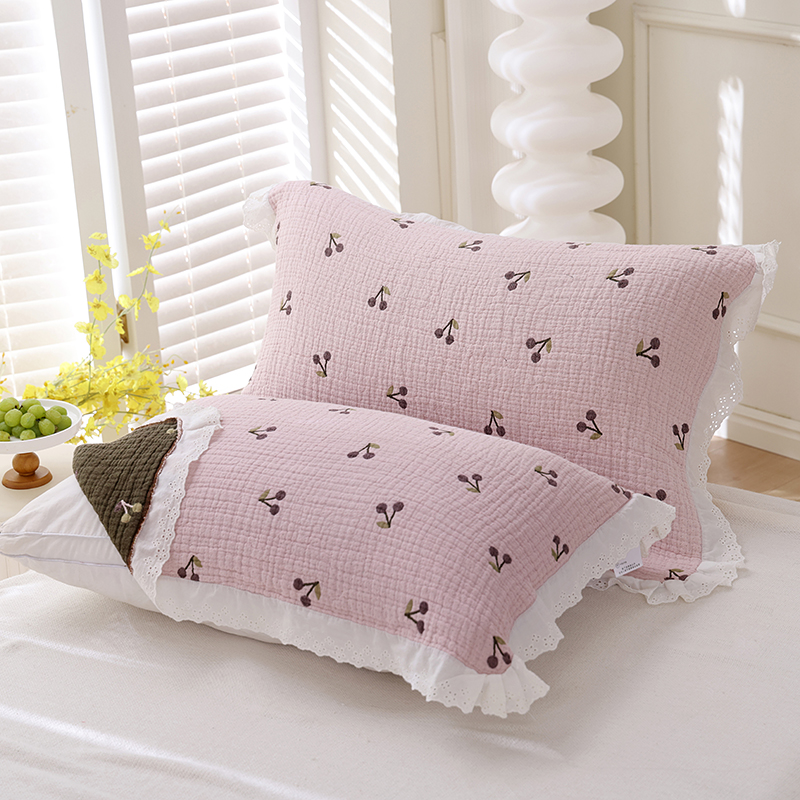 韩式花边四层纱枕巾纯棉加大成人纱布盖巾枕头巾吸汗防头油一对装