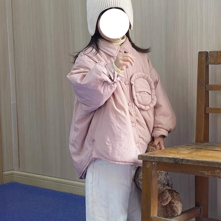 韩国童装秋冬款女童小翻领棉服夹棉加厚保暖棉衣宝宝粉色宽松外套
