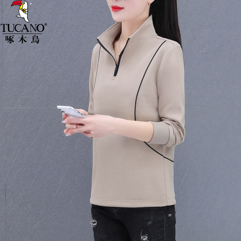 啄木鸟运动休闲宽松显瘦半拉链卫衣2023年春秋季新款女士时尚上衣