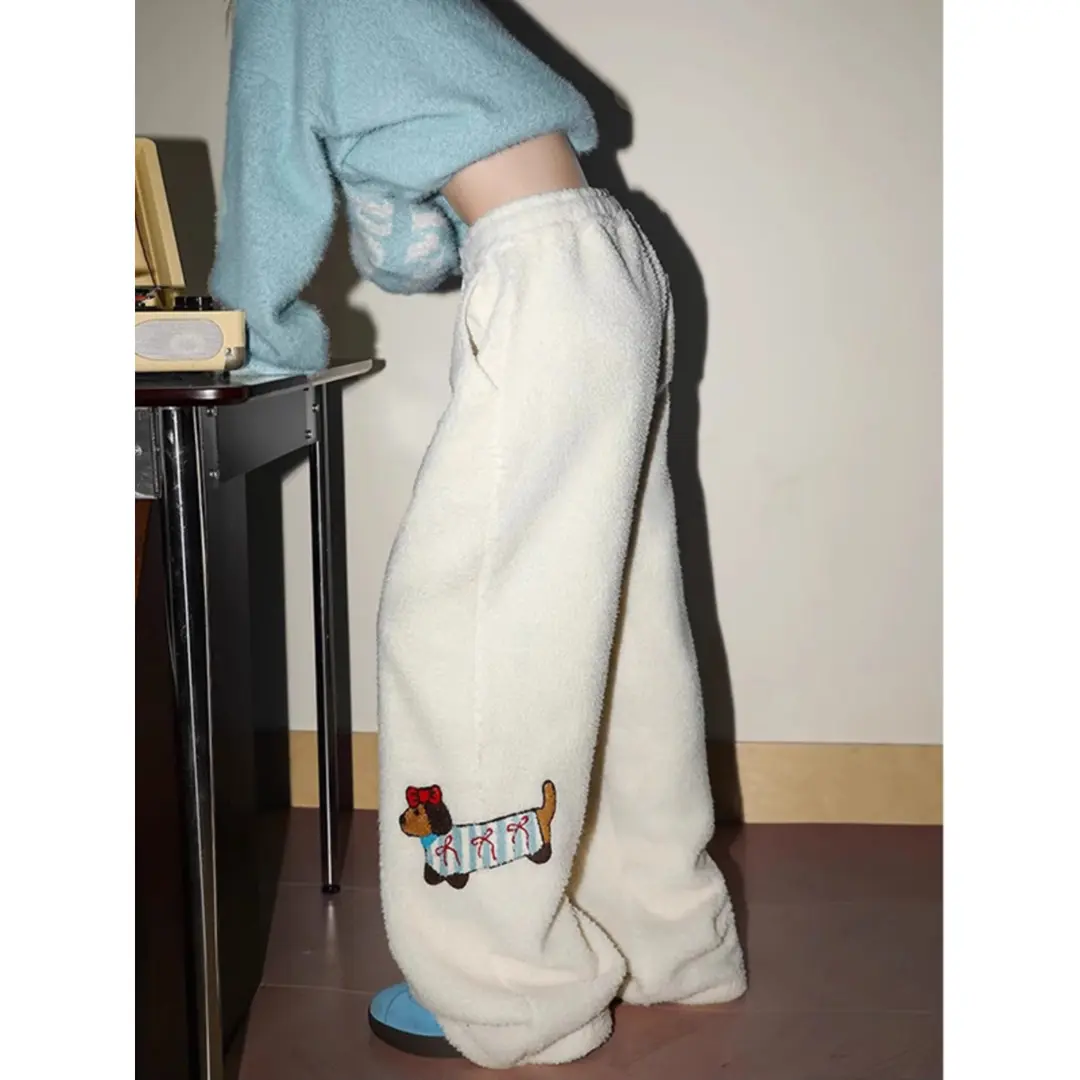 摇粒绒刺绣腊肠狗棉裤男冬季美式潮牌东北防寒宽松直筒休闲长裤子
