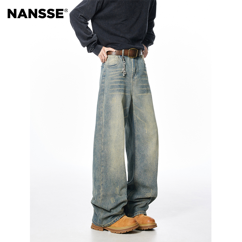 cleanfit美式复古水洗做旧牛仔裤男春秋款潮牌宽松直筒阔腿长裤子
