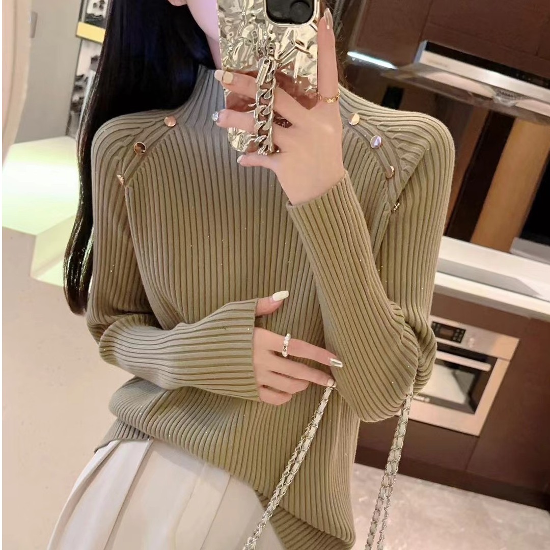 半高领毛衣女秋冬加厚2025新款欧货亮片设计感打底针织衫T222