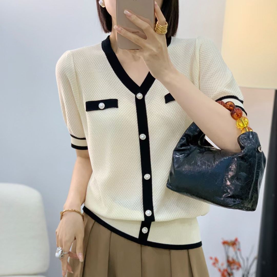 小香风V领小衫短袖针织衫T恤女夏装新款百搭宽松洋气套头开衫上衣