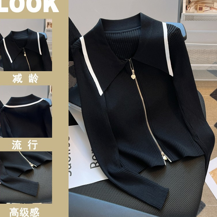 小香风法式Polo领双拉链针织开衫女外套秋冬修身显瘦上衣女T651