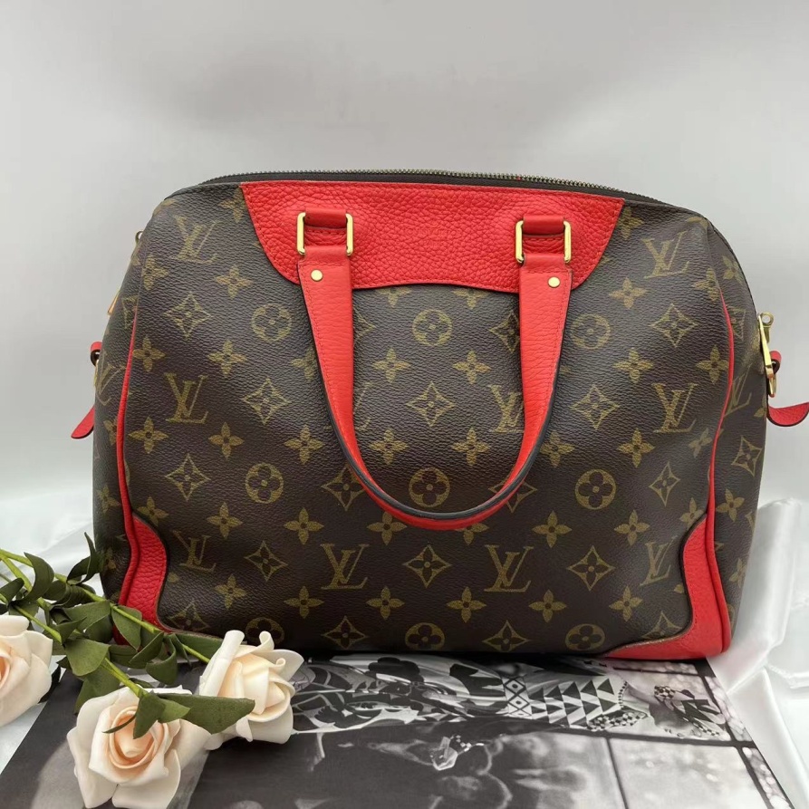 95新 LouisVuitton/路易威登 老花拼红皮手提651 5212