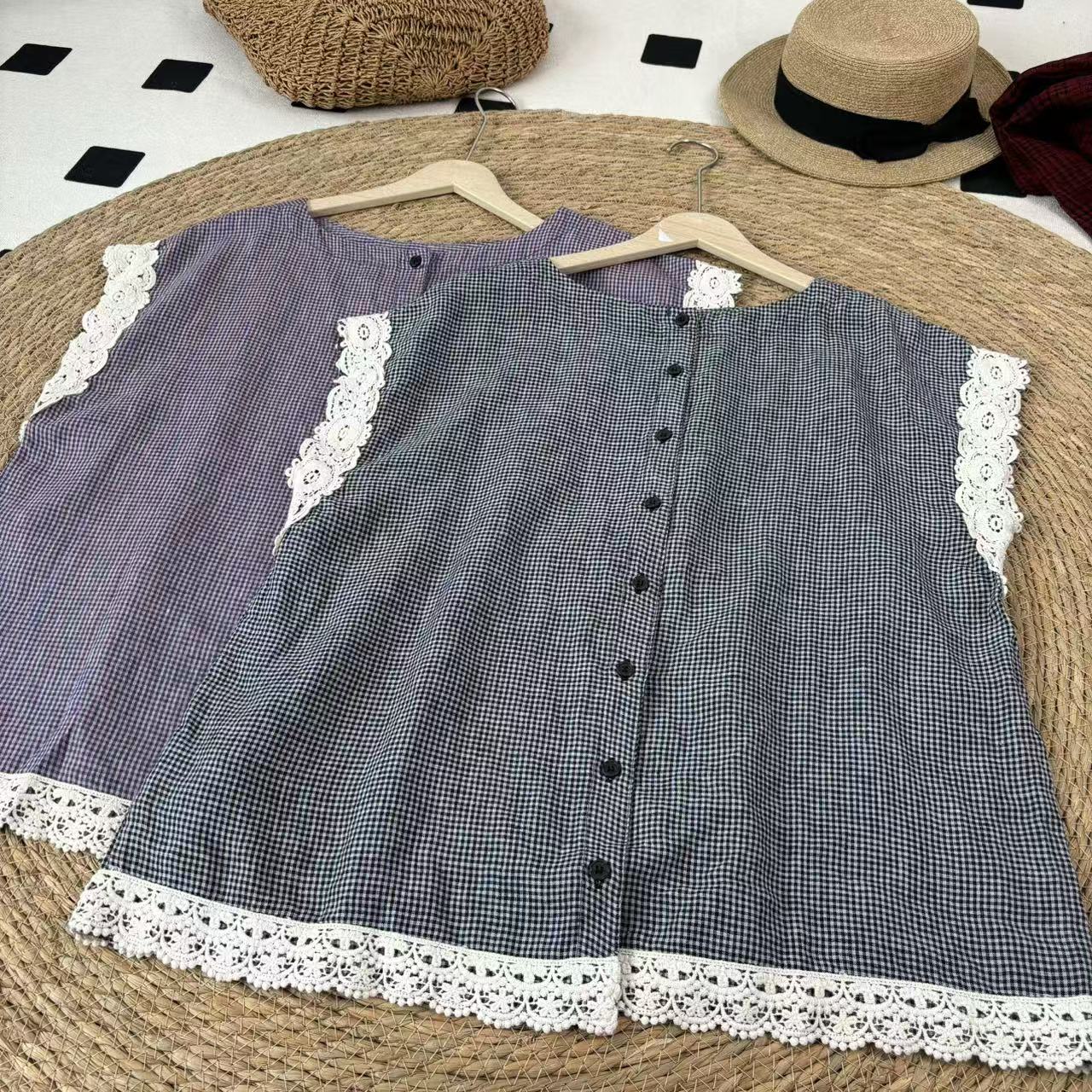 短袖日系原单两面穿花边色织格