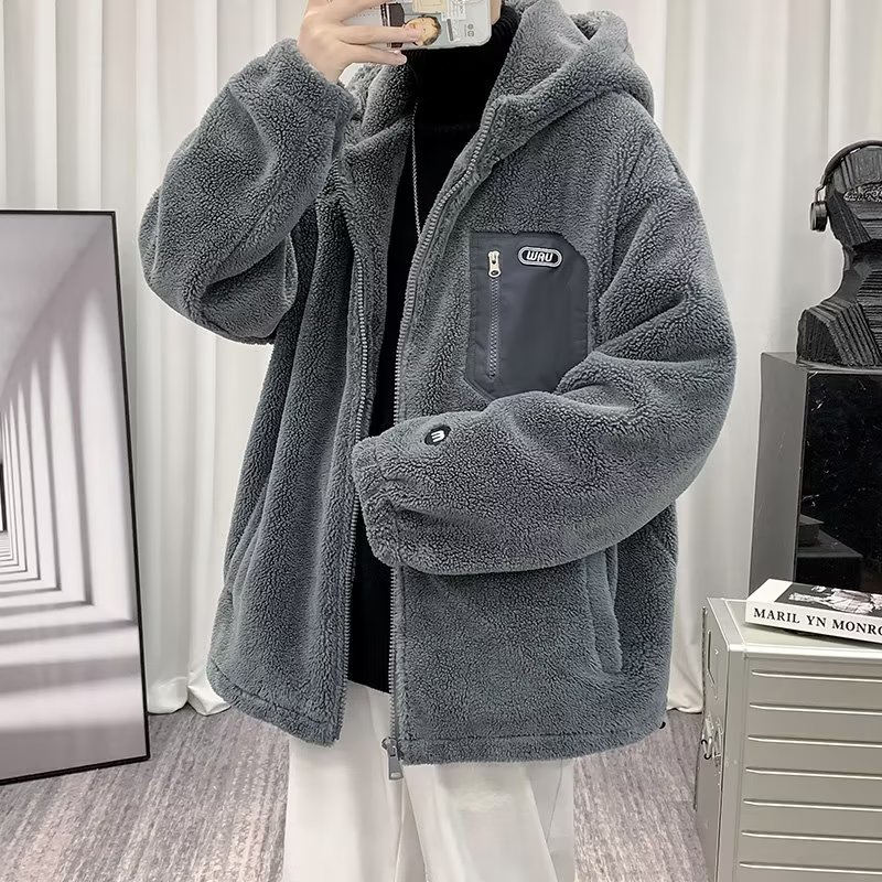 羊羔绒男士连帽棉衣外套2023冬季新款潮牌ins潮流棉袄休闲棉服潮