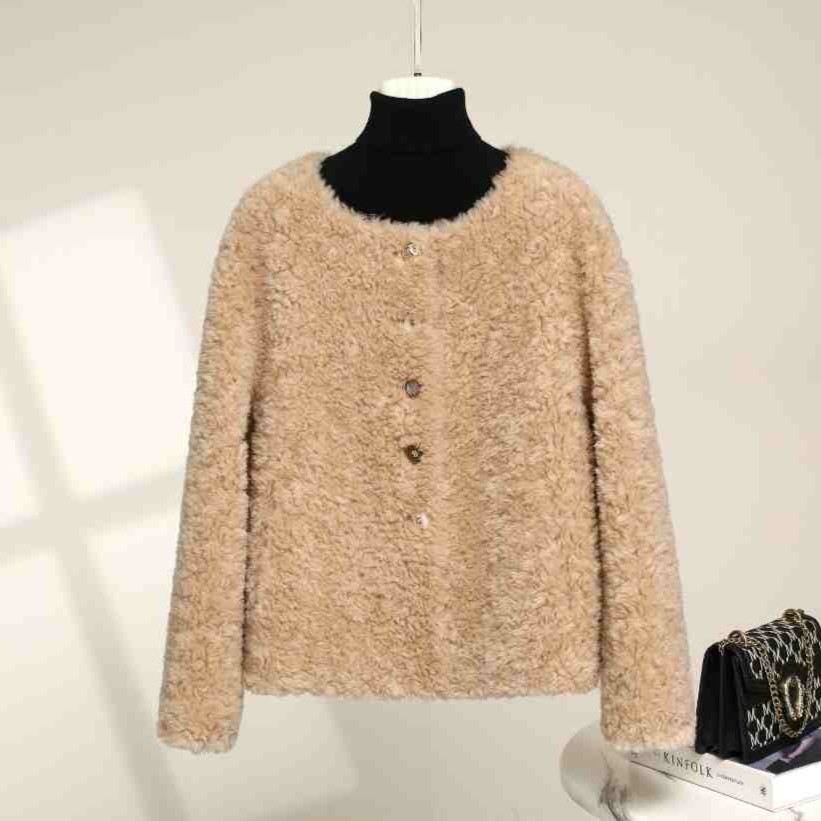 A10绵羊毛100%颗粒绒外套圆领羊剪绒短款上衣冬季款