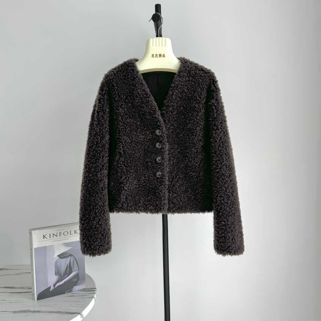 A07绵羊毛100%外套V领羊剪绒短款上衣