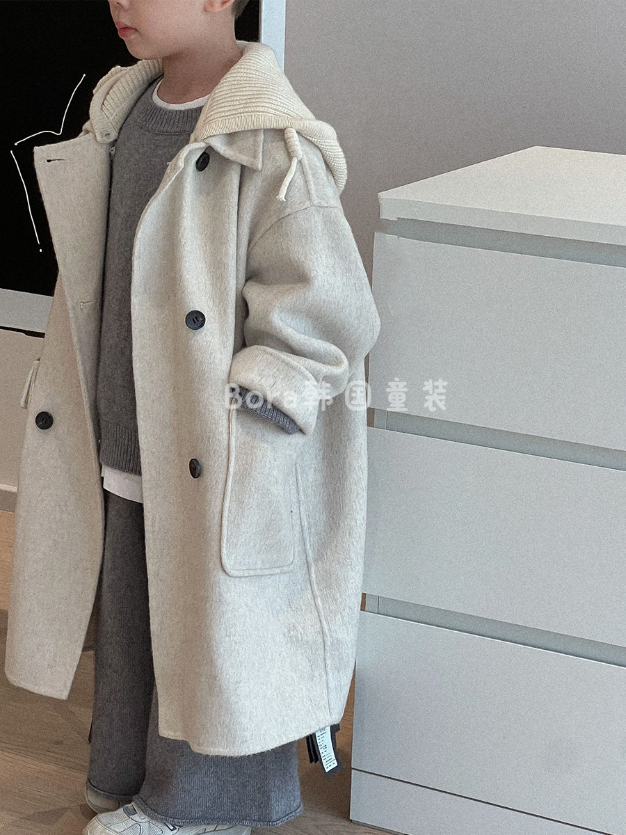 韩国男女儿童毛呢外套秋冬装中大孩子加厚中长款连帽大衣