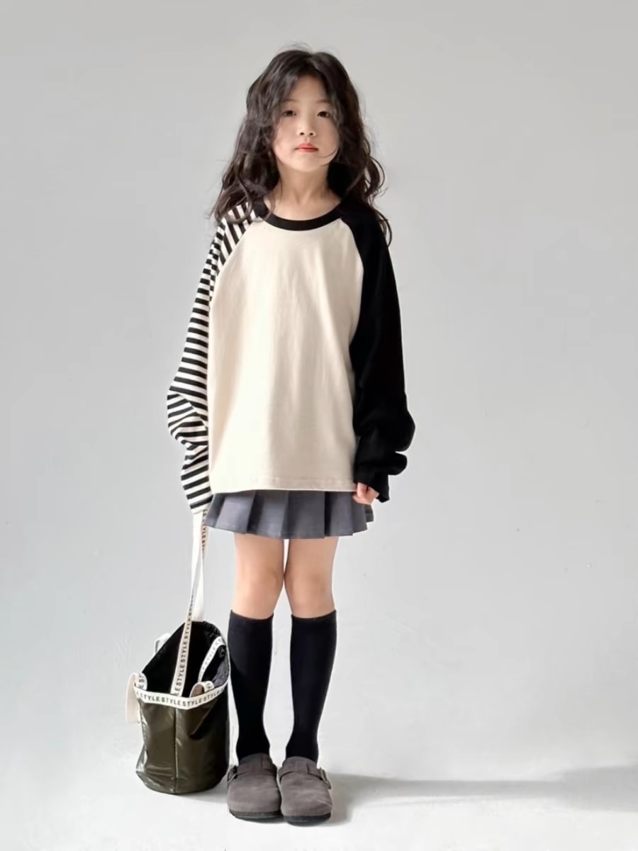 儿童不对称长袖T恤25春季女童拼接款设计感上衣亲子装西装百褶裙