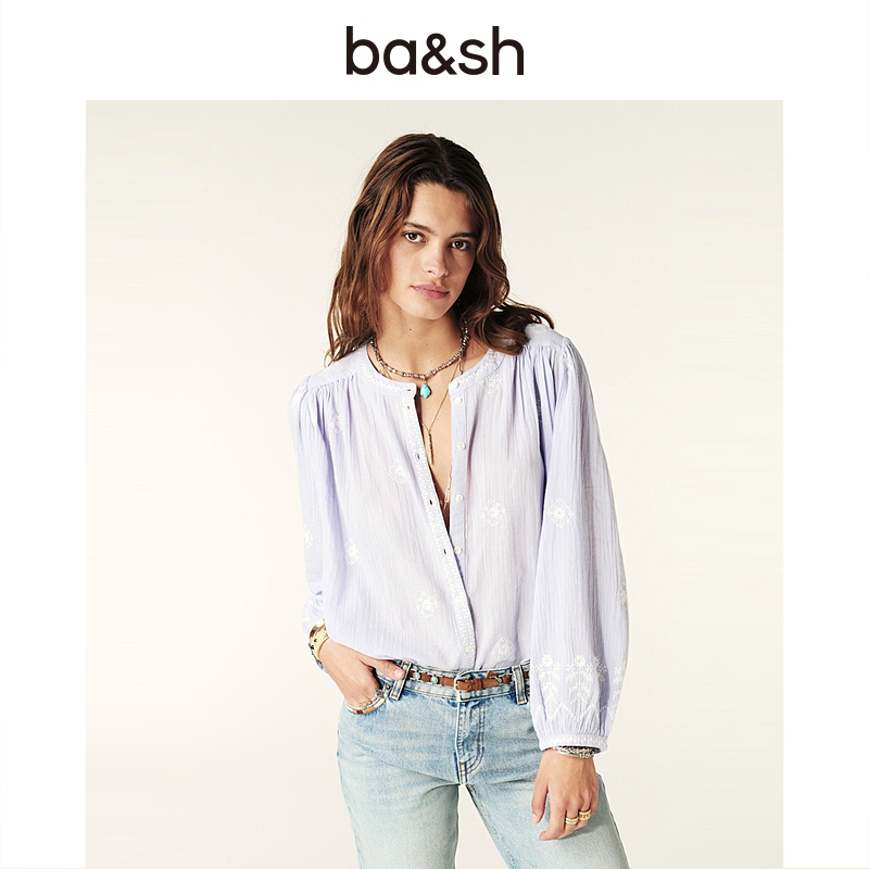 【流光风】ba&sh早秋新款莫兰迪上衣法式优雅刺绣棉衬衫1E25DUHA