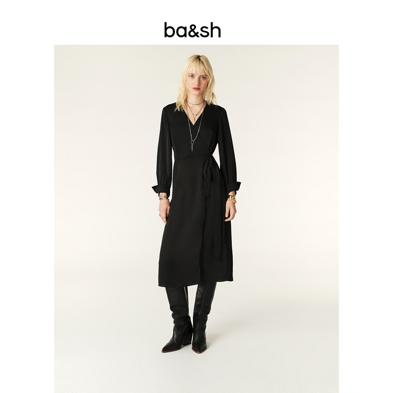 【欧若风】ba&sh 秋冬法式时尚赫本风V领收腰长袖连衣裙1E24IRIS